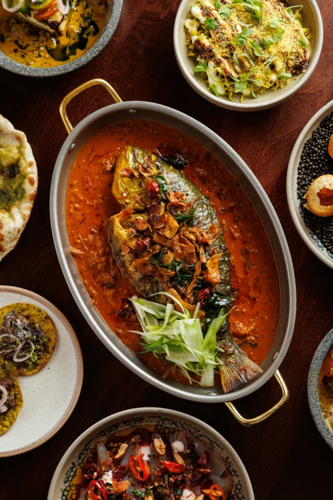 Indian grilled sea bream at Tanvi, restaurant in St George’s Bay, presented in Malabar curry sauce with herbs and fried shallots.