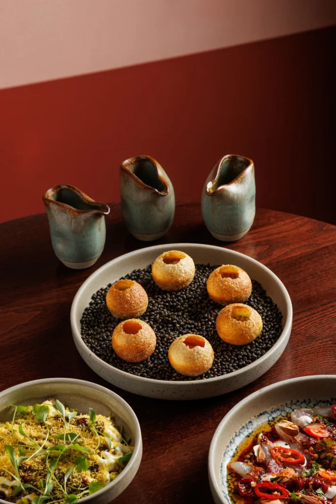 Pani puri platter at Tanvi, an Indian restaurant in St George’s Bay Malta, showcasing authentic Indian flavours